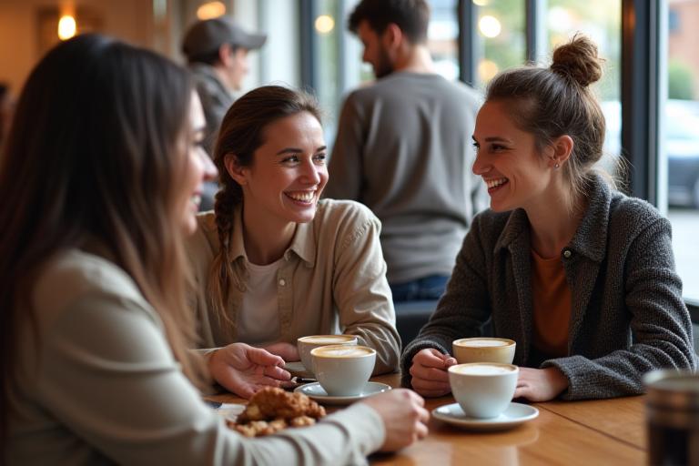 Customers enjoying coffee and conversation in a cozy cafe